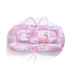 Babyhug Cotton Blend Mosquito Net With Mattress And Pillow Pink - Multi Print