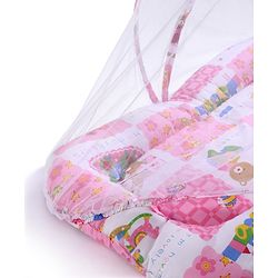 Babyhug Cotton Blend Mosquito Net With Mattress And Pillow Pink - Multi Print