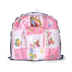 Babyhug Cotton Blend Mosquito Net With Mattress And Pillow Pink - Multi Print