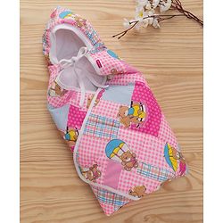 Babyhug Hooded Quilted Wrapper Teddy Bear Print - Pink