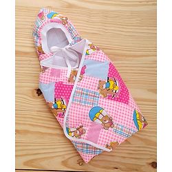 Babyhug Hooded Quilted Wrapper Teddy Bear Print - Pink