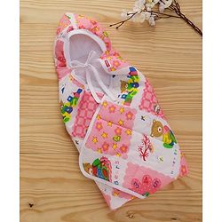 Babyhug Hooded Quilted Wrapper Happy Bear Print - Pink