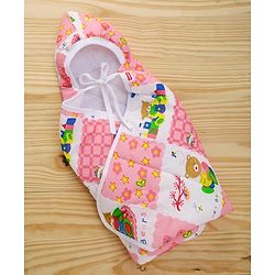 Babyhug Hooded Quilted Wrapper Happy Bear Print - Pink