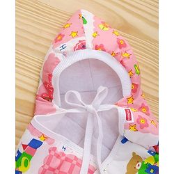 Babyhug Hooded Quilted Wrapper Happy Bear Print - Pink