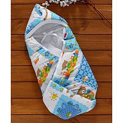 Babyhug Hooded Quilted Wrapper Happy Bear Print - Sky Blue