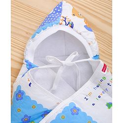 Babyhug Hooded Quilted Wrapper Happy Bear Print - Sky Blue