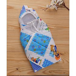 Babyhug Hooded Quilted Wrapper Happy Bear Print - Sky Blue