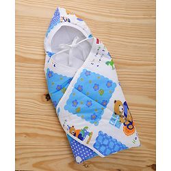 Babyhug Hooded Quilted Wrapper Happy Bear Print - Sky Blue