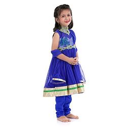 Babyhug Sleeveless Kurti Churidar With Dupatta - Blue