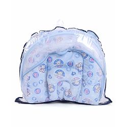 Babyhug Cotton Bedding Set with Center Zip Mosquito Net Heart Print- Blue