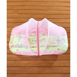 Babyhug Cotton Bedding Set with Center Zip Mosquito Net Animals With House Print- Pink