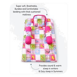 Babyhug Cotton Blend Baby Bedding Set With Animals In Checks Print-Pink