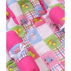Babyhug Cotton Blend Baby Bedding Set With Animals In Checks Print-Pink