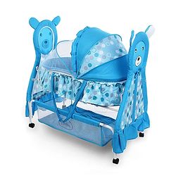 Babyhug Love Teddy Print Bassinet with Swing Lock Function and Detachable Inner Storage Basket  Blue| Storage Basket| Wheels with Lock| Mosquito Net