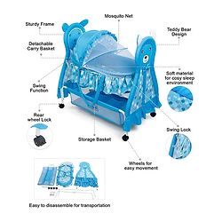Babyhug Love Teddy Print Bassinet with Swing Lock Function and Detachable Inner Storage Basket  Blue| Storage Basket| Wheels with Lock| Mosquito Net