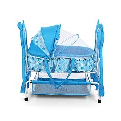Babyhug Love Teddy Print Bassinet with Swing Lock Function and Detachable Inner Storage Basket  Blue| Storage Basket| Wheels with Lock| Mosquito Net