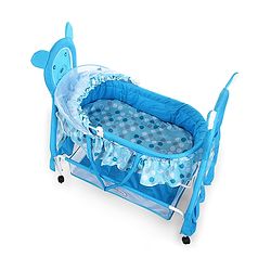Babyhug Love Teddy Print Bassinet with Swing Lock Function and Detachable Inner Storage Basket  Blue| Storage Basket| Wheels with Lock| Mosquito Net