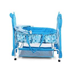 Babyhug Love Teddy Print Bassinet with Swing Lock Function and Detachable Inner Storage Basket  Blue| Storage Basket| Wheels with Lock| Mosquito Net