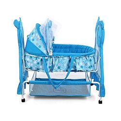 Babyhug Love Teddy Print Bassinet with Swing Lock Function and Detachable Inner Storage Basket  Blue| Storage Basket| Wheels with Lock| Mosquito Net