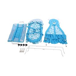 Babyhug Love Teddy Print Bassinet with Swing Lock Function and Detachable Inner Storage Basket  Blue| Storage Basket| Wheels with Lock| Mosquito Net
