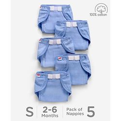 Babyhug Muslin Cotton Reusable Cloth Nappies With Velcro Small Set Of 5 - Blue