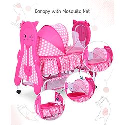 Babyhug Happy Kitty Print Bassinet with Mosquito net and detachable inner storage basket - Pink