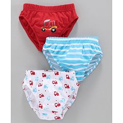 Babyhug Stripes & Vehicle Printed 100% Cotton Briefs Pack of 3 - Red Blue White