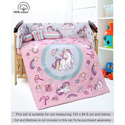 Babyhug 100% Cotton Crib Bedding Set Unicorn Print Regular - Multicolor (Cot not Included)