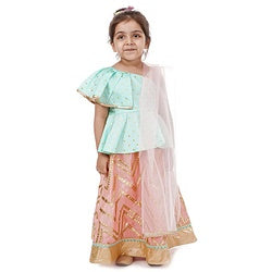 Babyhug Peplum Choli with Embroidered Silk Lehenga and Net Dupatta - Green Peach