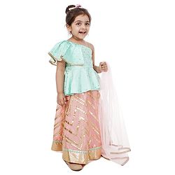 Babyhug Peplum Choli with Embroidered Silk Lehenga and Net Dupatta - Green Peach