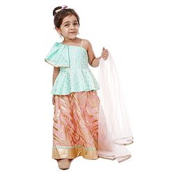 Babyhug Peplum Choli with Embroidered Silk Lehenga and Net Dupatta - Green Peach