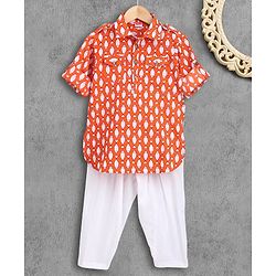 Babyhug Full Sleeves Kurta Pyjama Set Fish Print - Orange White