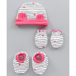 Babyhug 100% Cotton Cap Mittens and Booties Set Heart Print Pink -  Diameter 10 cm