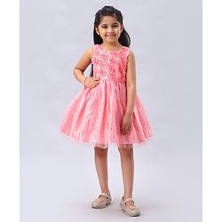 Babyhug Sleeveless Rosette  Party Frock Floral Corsage - Peach