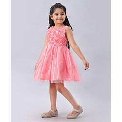 Babyhug Sleeveless Rosette  Party Frock Floral Corsage - Peach