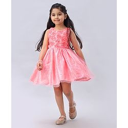Babyhug Sleeveless Rosette  Party Frock Floral Corsage - Peach