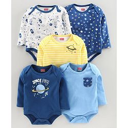 Babyhug Full Sleeves Onesie Space Print Pack of 5 - Blue Yellow