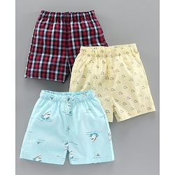 Babyhug 100%  Cotton Boxers Checked & Printed Pack of 3 - Yellow Red Blue