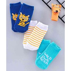 Cute Walk by Babyhug Multi Design Ankle Length Socks Set of 3 Pairs - Blue Yellow