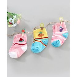 Cute Walk by Babyhug Anti Bacterial Ankle Length Socks Fruit Design Pack of 3 - Pink Yellow