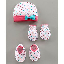Babyhug 100% Cotton Printed Cap & Mittens With Booties White Pink - Diameter 11 cm