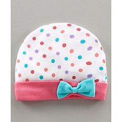 Babyhug 100% Cotton Printed Cap & Mittens With Booties White Pink - Diameter 11 cm