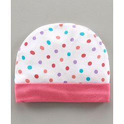 Babyhug 100% Cotton Printed Cap & Mittens With Booties White Pink - Diameter 11 cm