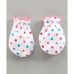 Babyhug 100% Cotton Printed Cap & Mittens With Booties White Pink - Diameter 11 cm