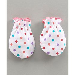 Babyhug 100% Cotton Printed Cap & Mittens With Booties White Pink - Diameter 11 cm