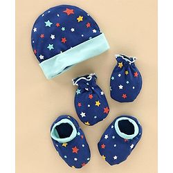 Babyhug 100% Cotton Cap Mitten and Booties Set Blue - Diameter 11 cm