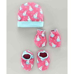 Babyhug 100% Cotton Cap Mitten & Booties Set Bunny Print Pink - Diameter 9.5 cm