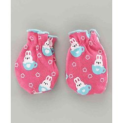 Babyhug 100% Cotton Cap Mitten & Booties Set Bunny Print Pink - Diameter 9.5 cm