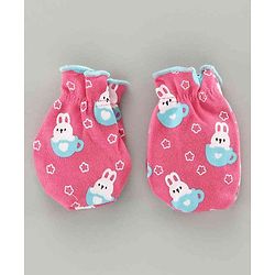 Babyhug 100% Cotton Cap Mitten & Booties Set Bunny Print Pink - Diameter 9.5 cm