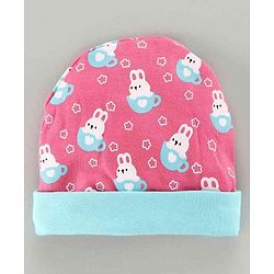 Babyhug 100% Cotton Cap Mitten & Booties Set Bunny Print Pink - Diameter 9.5 cm